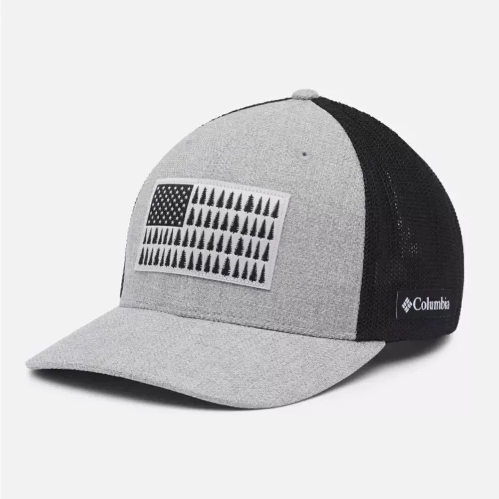 Columbia Gray Fabric Black Mesh Tree Flag FlexFit Ball Cap Hat